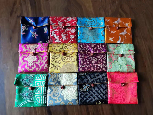 4.5x4.5" Colorful Chinese Floral Silk Rosary Grab Bag Pouch Money Coin Wallet with Knotted Button Traditional Jewelry Gift Packaging
