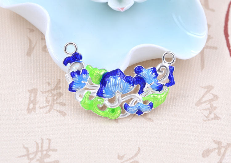 Argent sterling émail époxy double boucle lotus floral nouvelle lune pièce charme connecteur S925 trouver