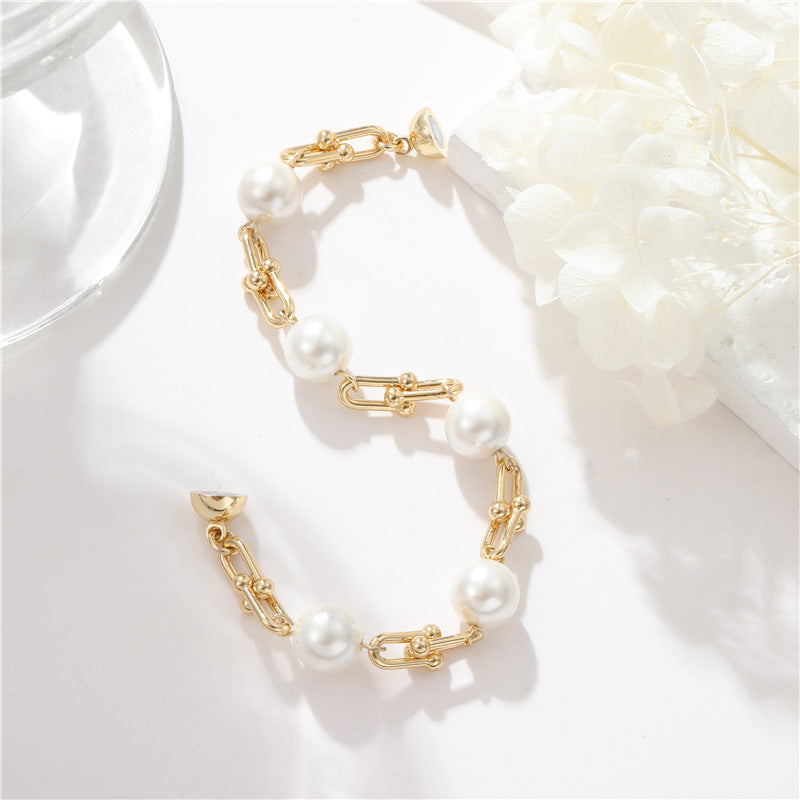 Bracelet à breloques en perles avec 2 gros maillons ovales, chaîne câblée, bracelet 14K GF