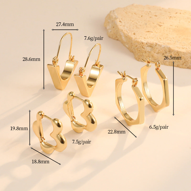 4 Chunky Hexagon Floral Triangle Hoop Earrings 14K GF Earing