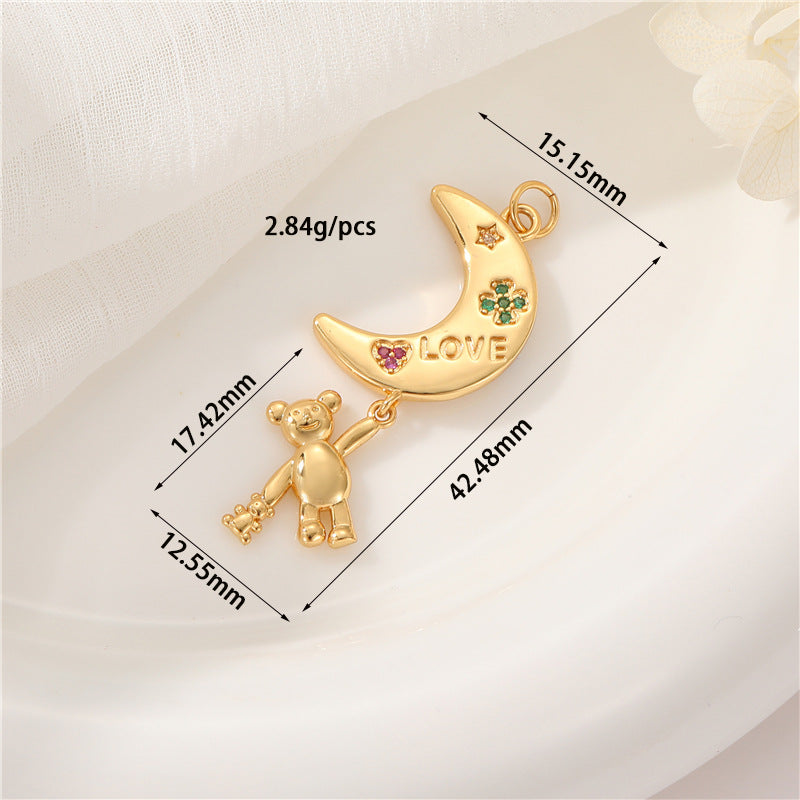2 Petit Ours Lapin Lune Charme Pendentif Strass Embelli 14K GF
