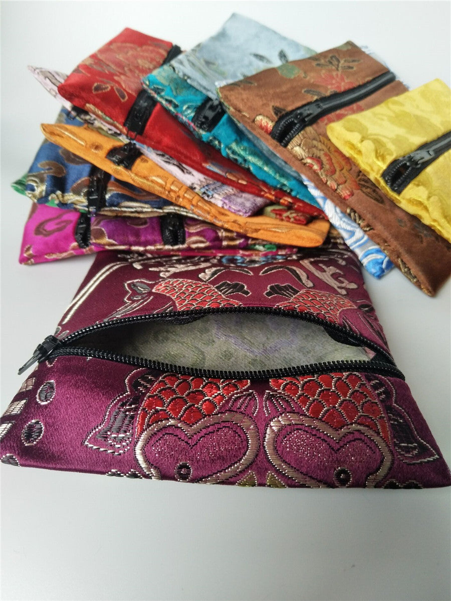 5x5" Colorful Floral Chinese Silk Pouch Pocket Money Coin Bag with Zip Grab Rosary Bead Traditional Packaging Bags for Jewelry Gift