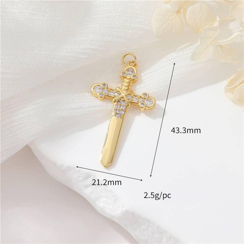 2 Cross Charm Pendant Rhinestone Embellished 14K GF