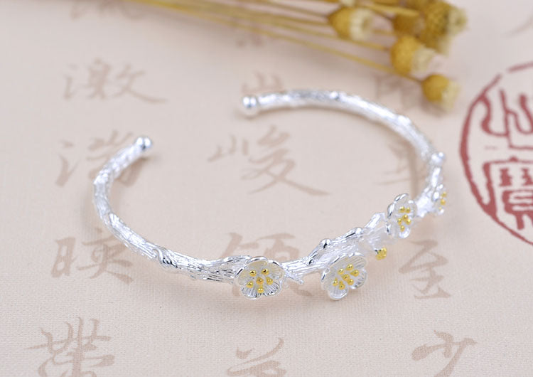 Bracelet floral prune en argent sterling à cercle ouvert S925
