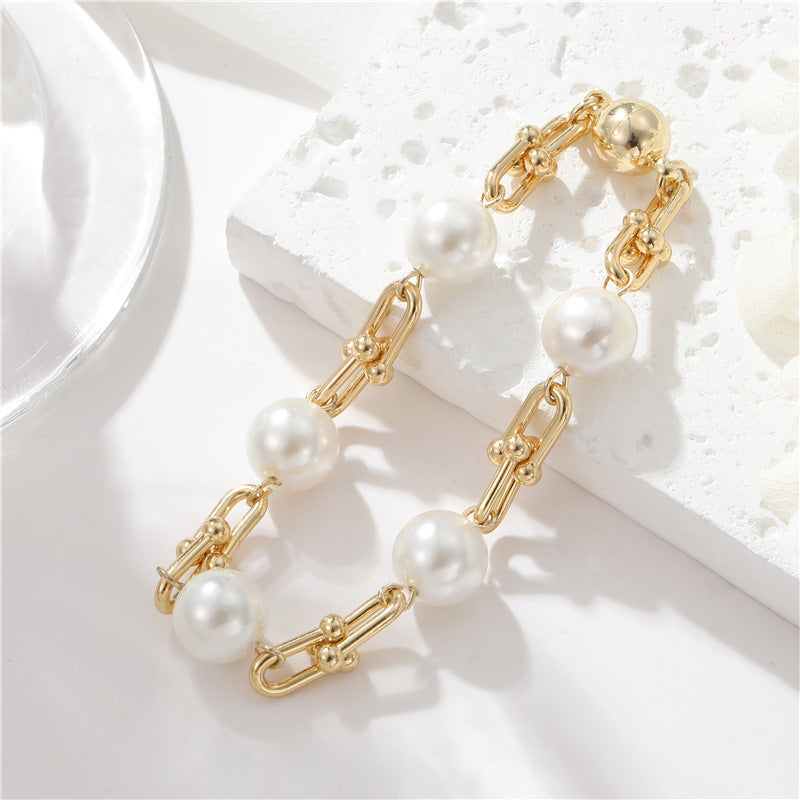 Bracelet à breloques en perles avec 2 gros maillons ovales, chaîne câblée, bracelet 14K GF