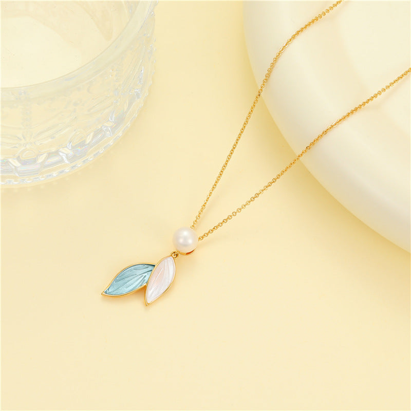 2 Emaille-Epoxidharz-Blatt-Charm-Kabelketten-Halskette mit Perlenverzierung, 14-Karat-GF-Halsband mit Verlängerung