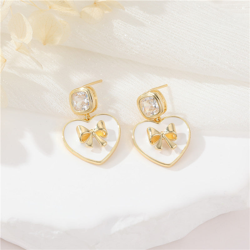 Boucles d'oreilles à tige avec 4 nœuds papillon, breloque en forme de cœur, demi-cercle, ornées de strass, 14 carats, GF