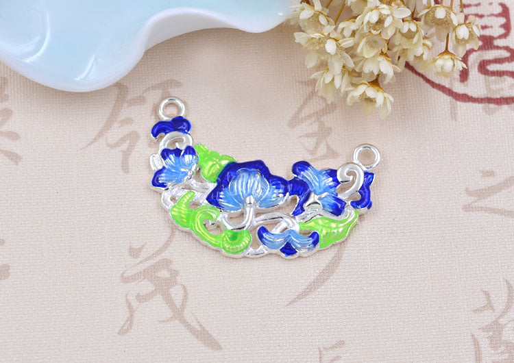 Argent sterling émail époxy double boucle lotus floral nouvelle lune pièce charme connecteur S925 trouver