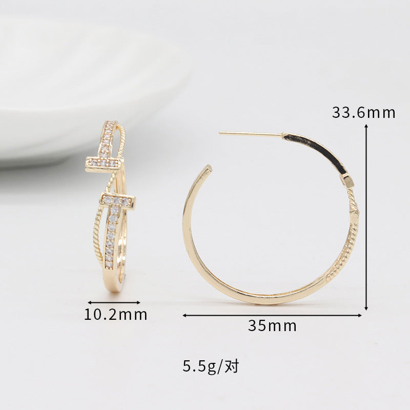 4 boucles d'oreilles demi-cercle double T ornées de strass 14K GF Earing