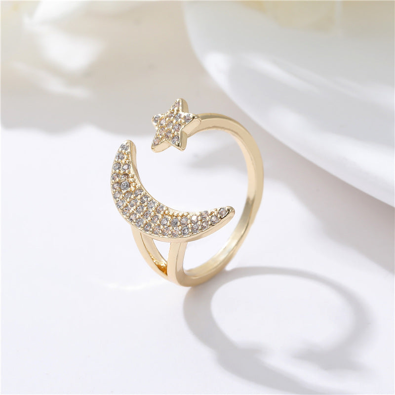 2 anneaux de déclaration ornés de strass, chaîne à cercle ouvert, étoile, lune, cœur, 14K GF