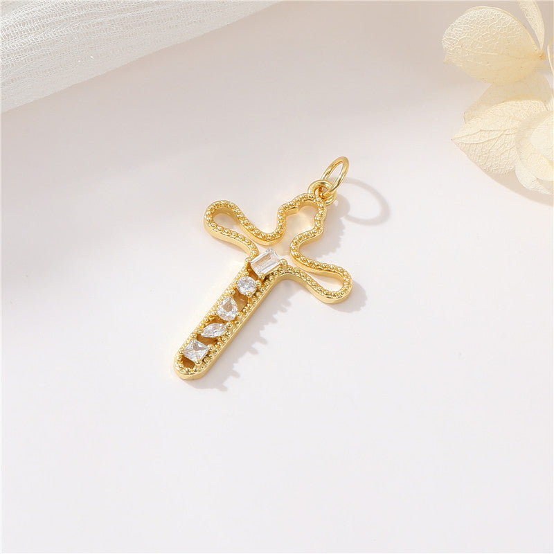 2 Cross Charm Pendant Rhinestone Embellished 14K GF