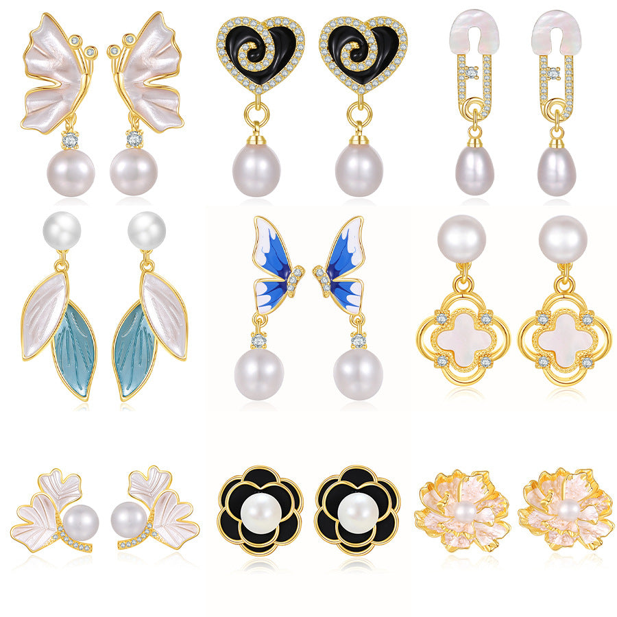 4 boucles d'oreilles papillon coeur broche fleur croix feuille boucles d'oreilles 14K GF coquille strass embelli boucle d'oreille moitié percée perle perle vierge