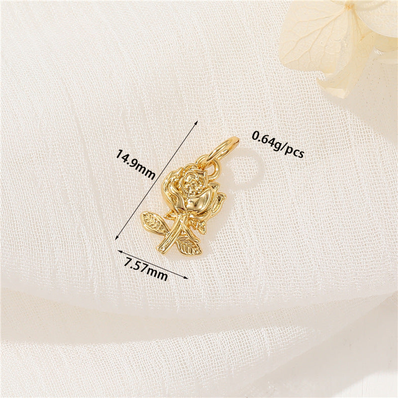 2 Blumen-Charm-Anhänger mit orangefarbener Baumrose, Strassverzierung, 14-karätiges GF