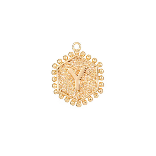 2 pièces hexagonales à bords perlés, initiales de l'alphabet AZ, pendentif à breloque 14K GF