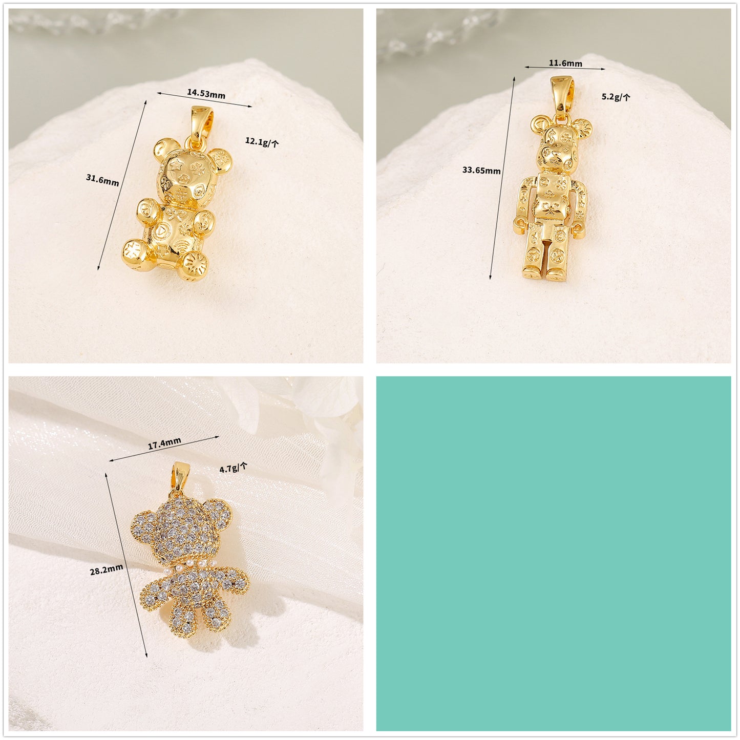 Pendentif à breloque 2 ours orné de strass 14K GF