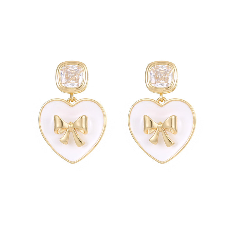 Boucles d'oreilles à tige avec 4 nœuds papillon, breloque en forme de cœur, demi-cercle, ornées de strass, 14 carats, GF