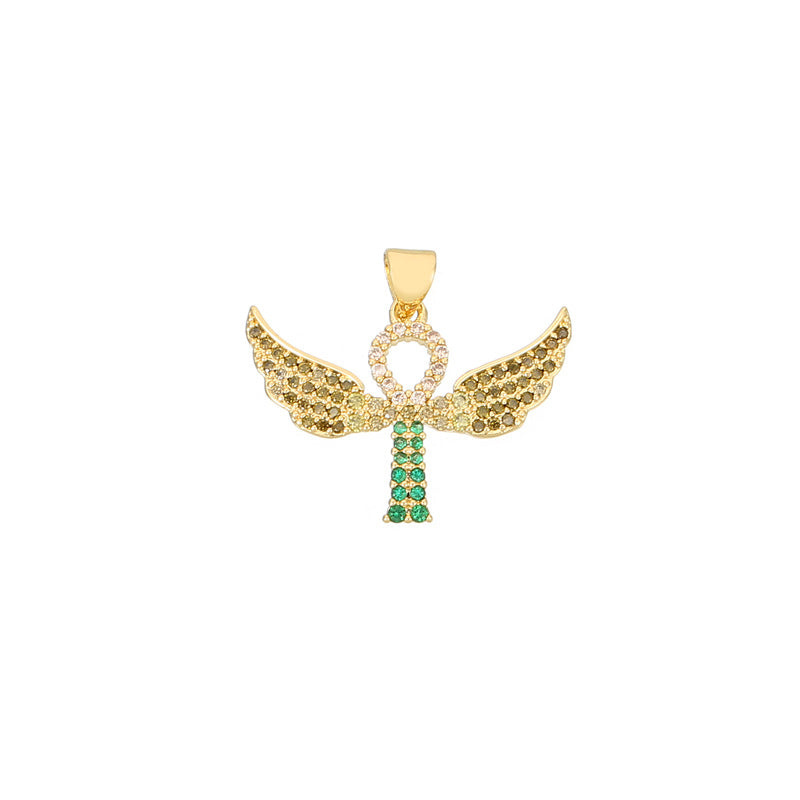 Angel Cross Charm Pendant Rhinestone Embellished 14K GF