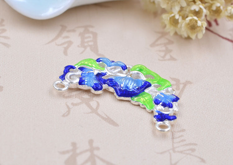 Argent sterling émail époxy double boucle lotus floral nouvelle lune pièce charme connecteur S925 trouver