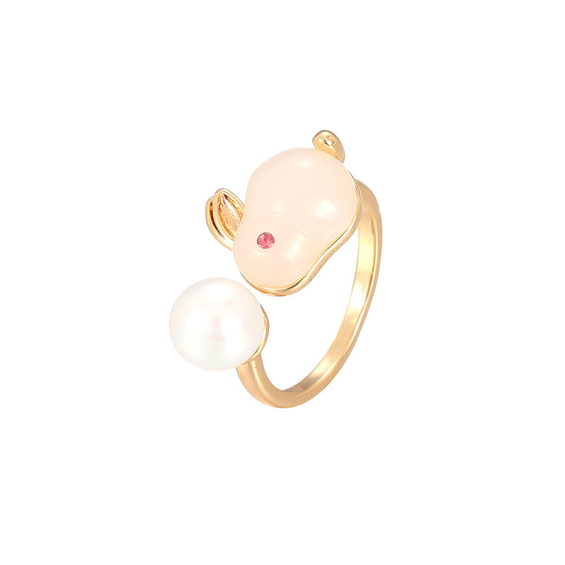 2 Statement-Ringe mit offenem Kreis aus Kunstharz und Hasenmotiv, mit Strasssteinen verziert, 14-karätiges GF