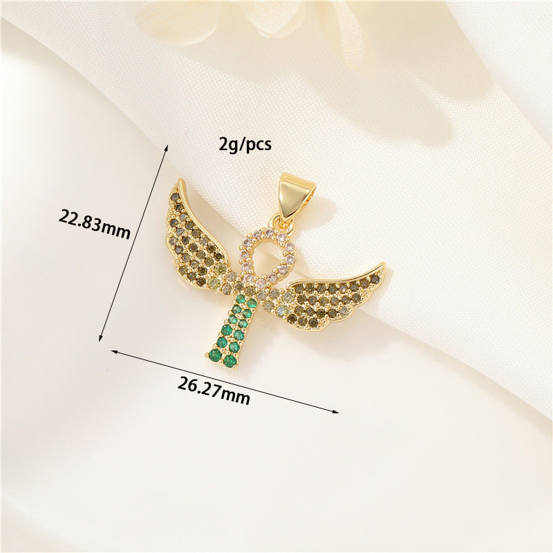 Angel Cross Charm Pendant Rhinestone Embellished 14K GF