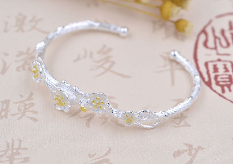 Bracelet floral prune en argent sterling à cercle ouvert S925
