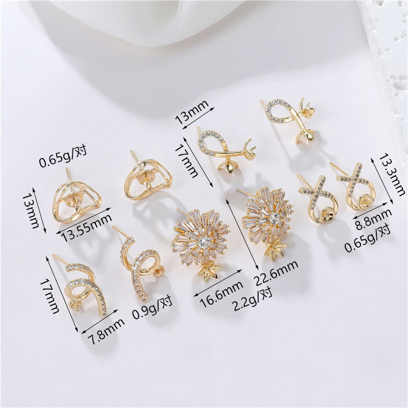 4 boucles d'oreilles à tige en forme de vigne florale ornées de strass 14 carats GF à moitié percées en perles vierges