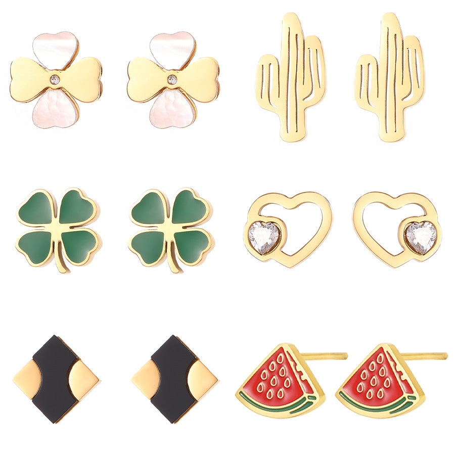 4 Émail Époxy Trèfle à quatre feuilles Orange Pastèque Floral Papillon Carré Coeur Cactus Boucles d’oreilles à tige 14K GF Strass Embelli Boucle d’oreille