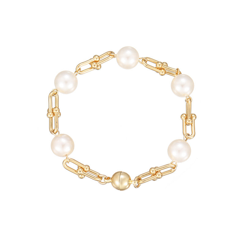 Bracelet à breloques en perles avec 2 gros maillons ovales, chaîne câblée, bracelet 14K GF