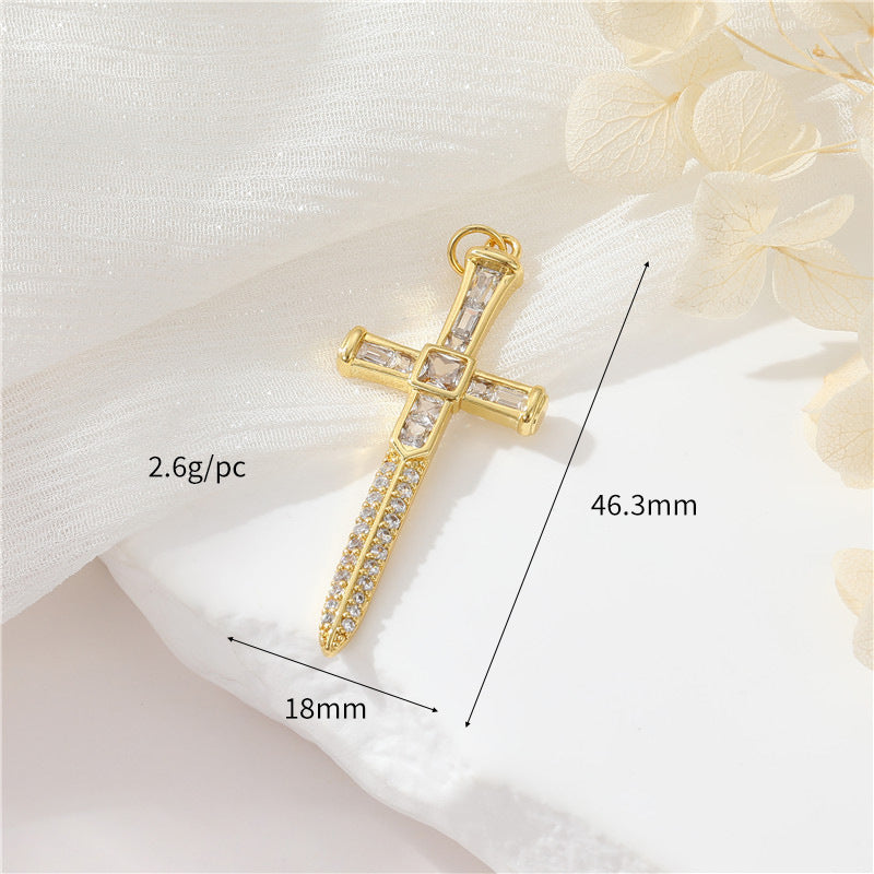 2 Cross Charm Pendant Rhinestone Embellished 14K GF