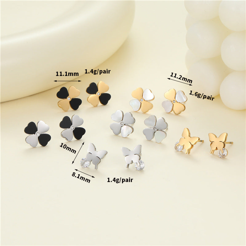 4 Émail Époxy Trèfle à quatre feuilles Orange Pastèque Floral Papillon Carré Coeur Cactus Boucles d’oreilles à tige 14K GF Strass Embelli Boucle d’oreille