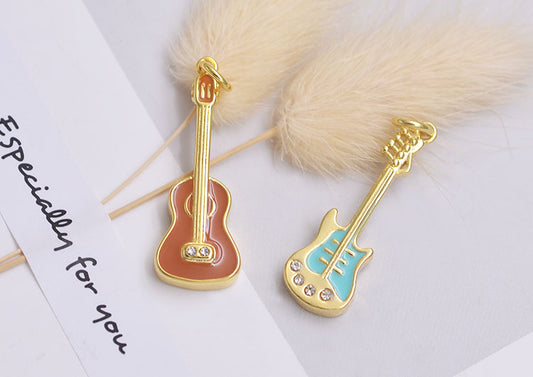 Sterling Silver Enamel Epoxy Guitar Charm Pendant S925 Finding