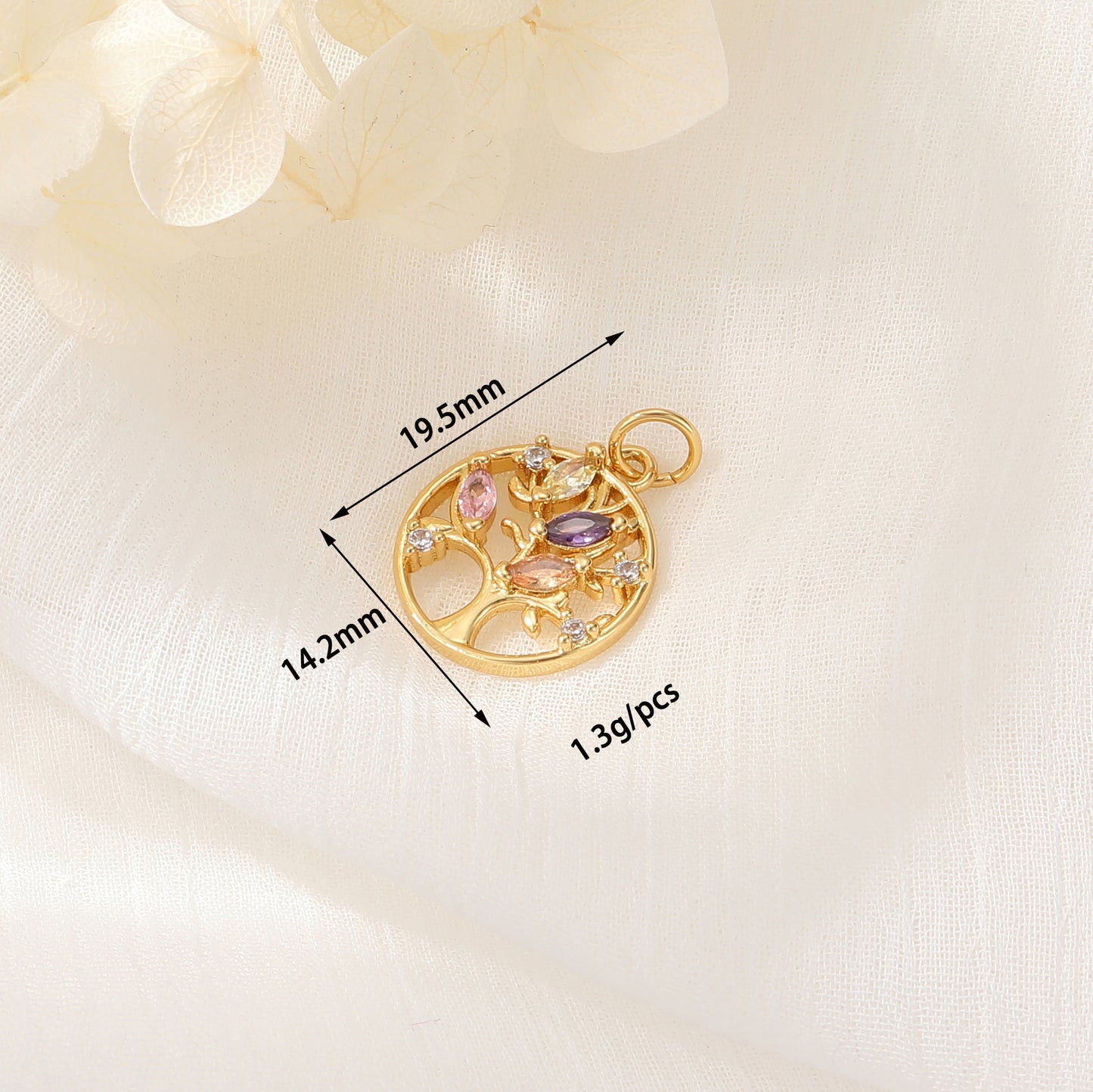 2 Blumen-Charm-Anhänger mit orangefarbener Baumrose, Strassverzierung, 14-karätiges GF