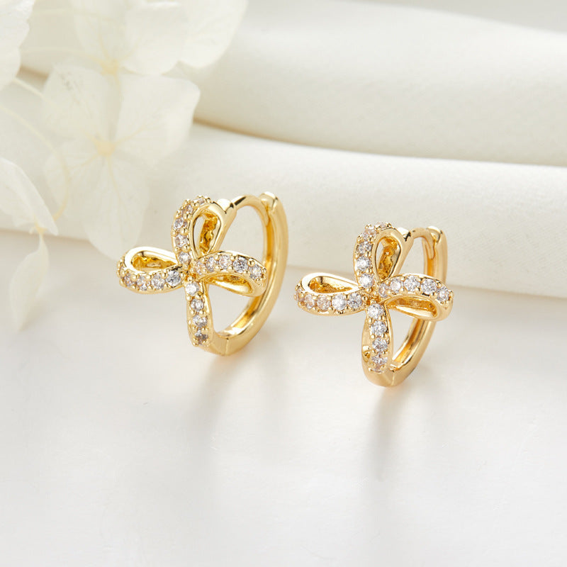 Boucles d'oreilles rondes en forme de tortue, 4 couronnes, nœud papillon, arbre floral, cœur, ornées de strass, 14K GF