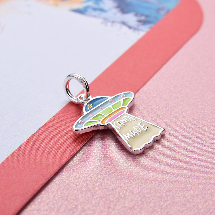 Pendentif à breloque en forme de dinosaure UFO NoLove Earth Cross arc-en-ciel en argent sterling S925