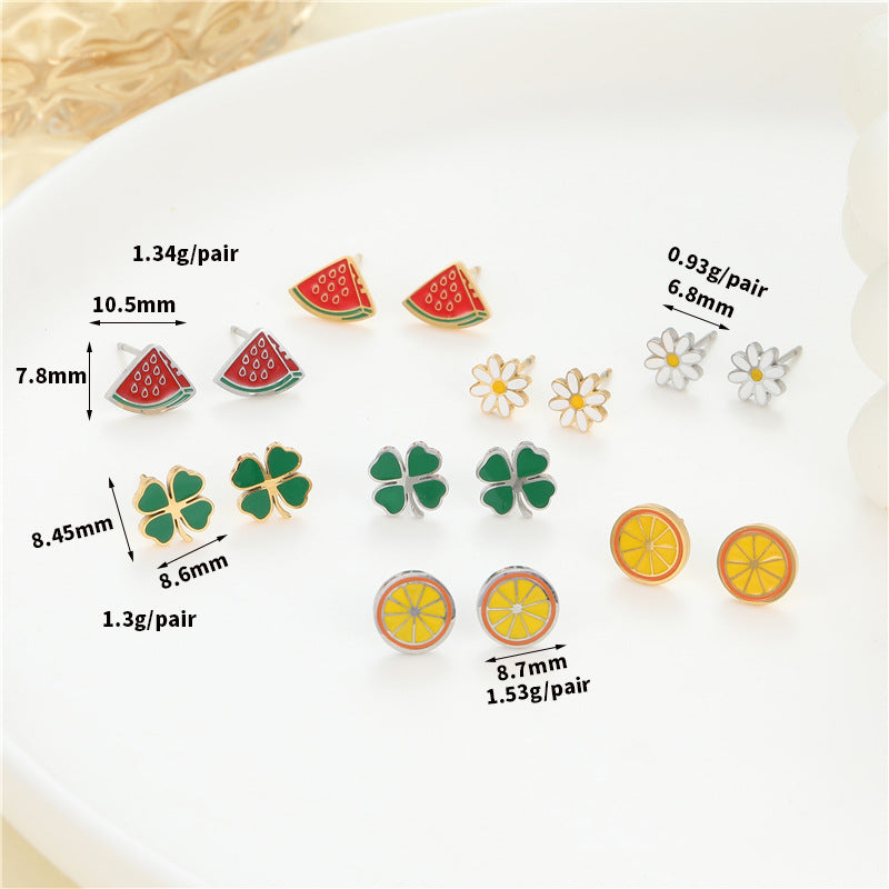 4 Émail Époxy Trèfle à quatre feuilles Orange Pastèque Floral Papillon Carré Coeur Cactus Boucles d’oreilles à tige 14K GF Strass Embelli Boucle d’oreille