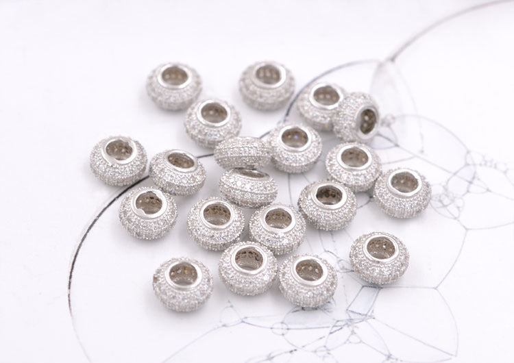 Sterling Silver Rhinestone Column Drum Cubic Bead Spacer S925 Finding