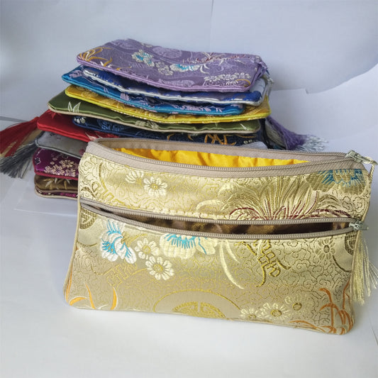5x6.5" Colorful Chinese Silk Pouches Pocket Money Coins Bags with Two Zips Grab Bag lot Traditional Packaging Bags for Jewelry Gifts