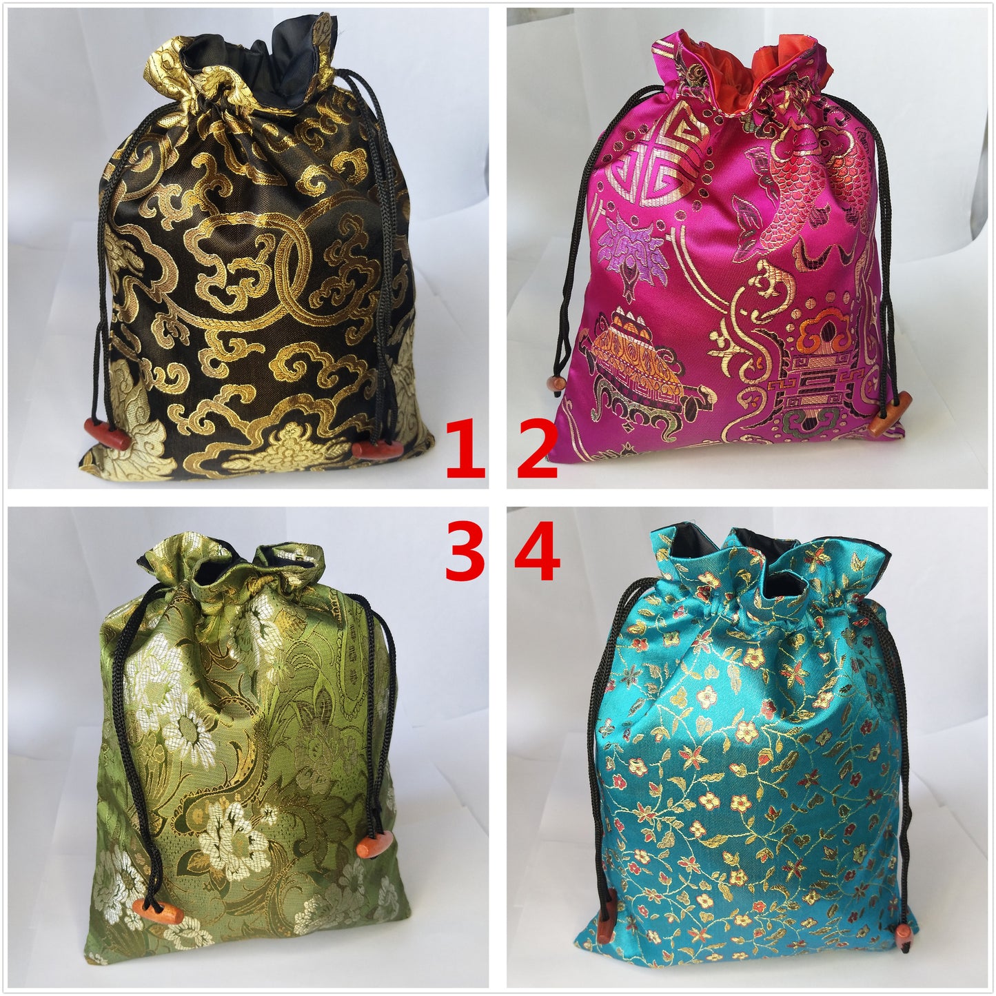 8x10" Colorful Chinese Silk Pouches Pocket Money Coins Bags Drawstring Grab Bag lot Traditional Packaging Bags for Jewelry Gifts