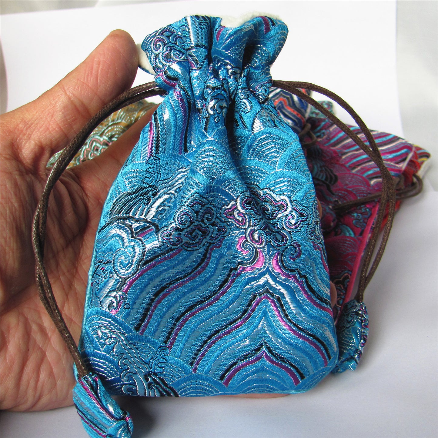 4x6" Colorful Sea Wave Silk Rosary Bag Pouch Lint Lining Coin Wallet Drawstring Grab Amulet Bag Traditional Jewelry Gift Packaging