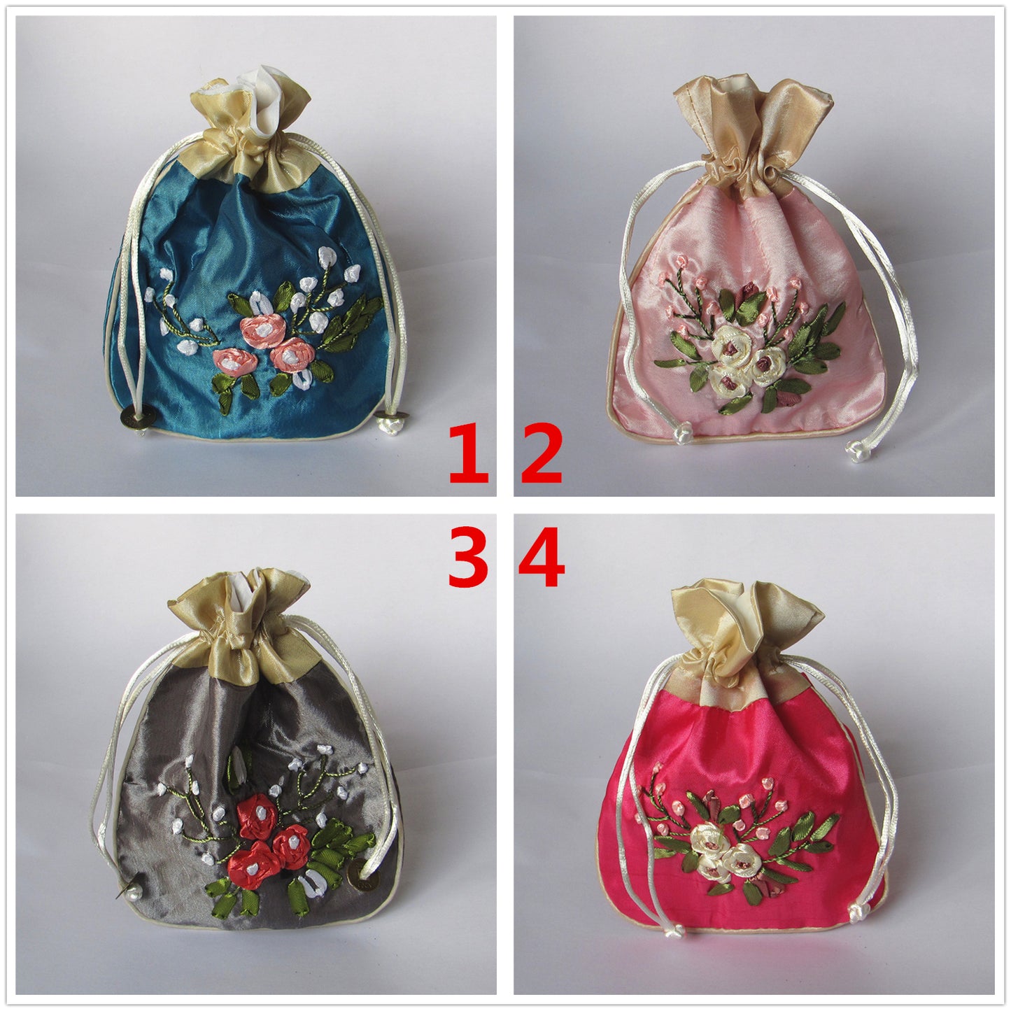 5x6" Hand Embroidery Silk Rosary Bag Pouch Pocket Money Coin Bag Drawstring Grab Amulet Bag Traditional Packaging for Jewelry Gift