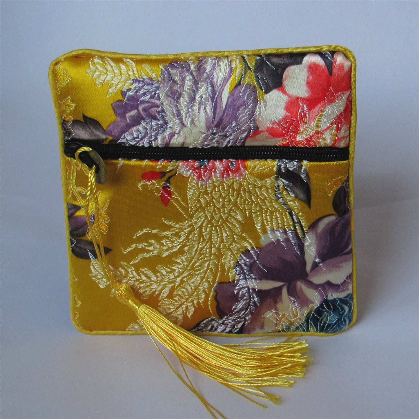 4x4" Colorful Floral Chinese Silk Pouch Pocket Money Coin Bag with Zip Grab Bag Rosary Bead Traditional Packaging Bags for Jewelry Gift