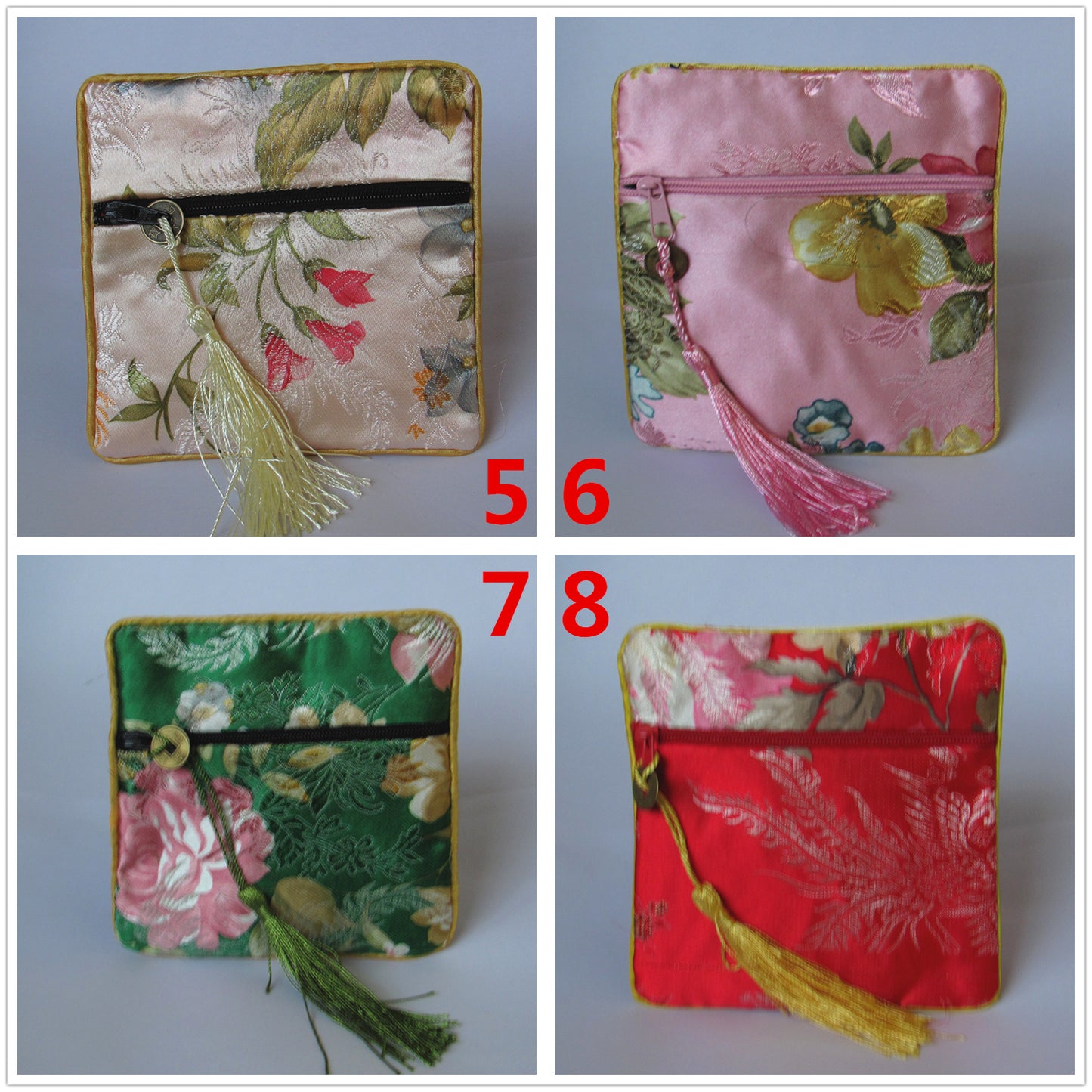 4x4" Colorful Floral Chinese Silk Pouch Pocket Money Coin Bag with Zip Grab Bag Rosary Bead Traditional Packaging Bags for Jewelry Gift