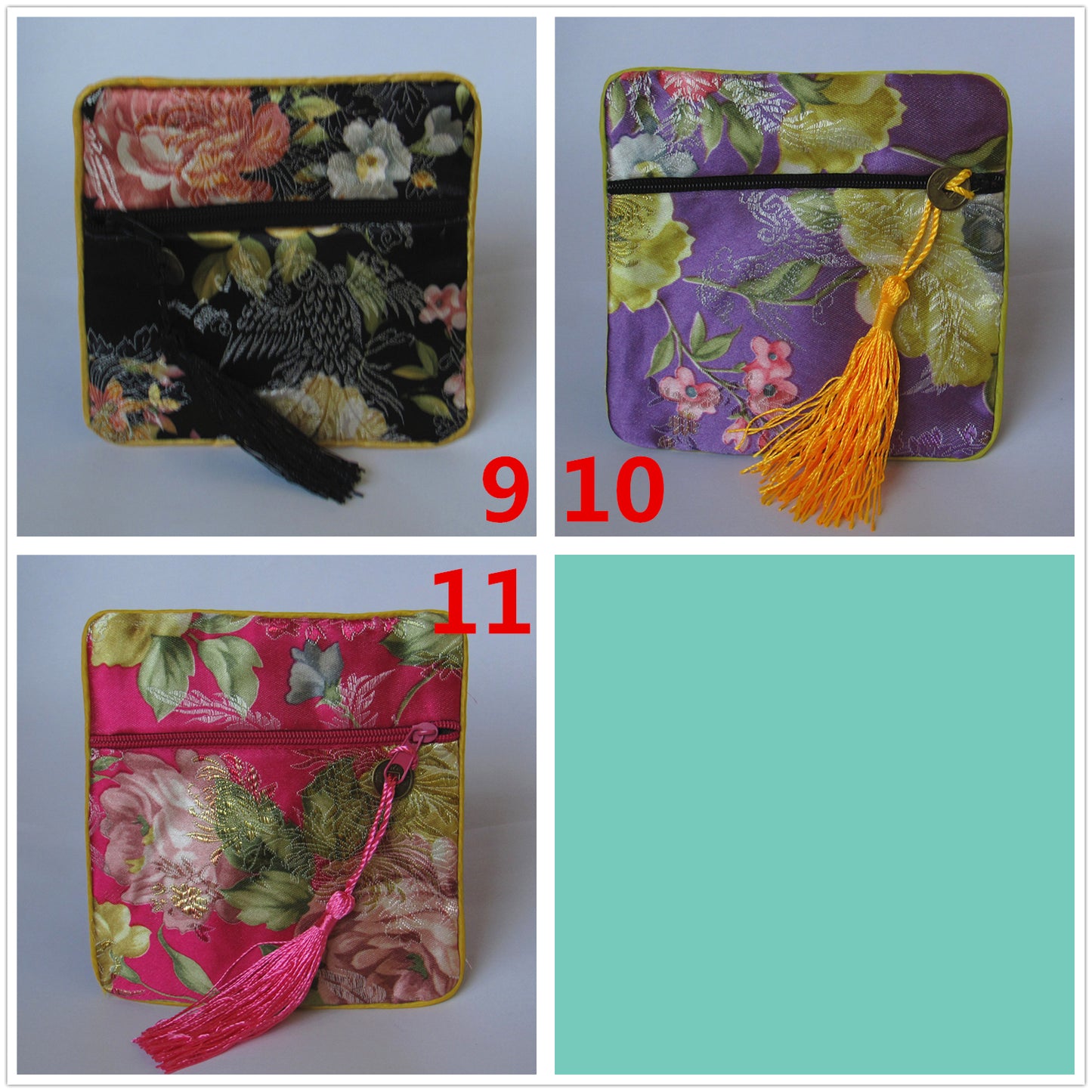 4x4" Colorful Floral Chinese Silk Pouch Pocket Money Coin Bag with Zip Grab Bag Rosary Bead Traditional Packaging Bags for Jewelry Gift