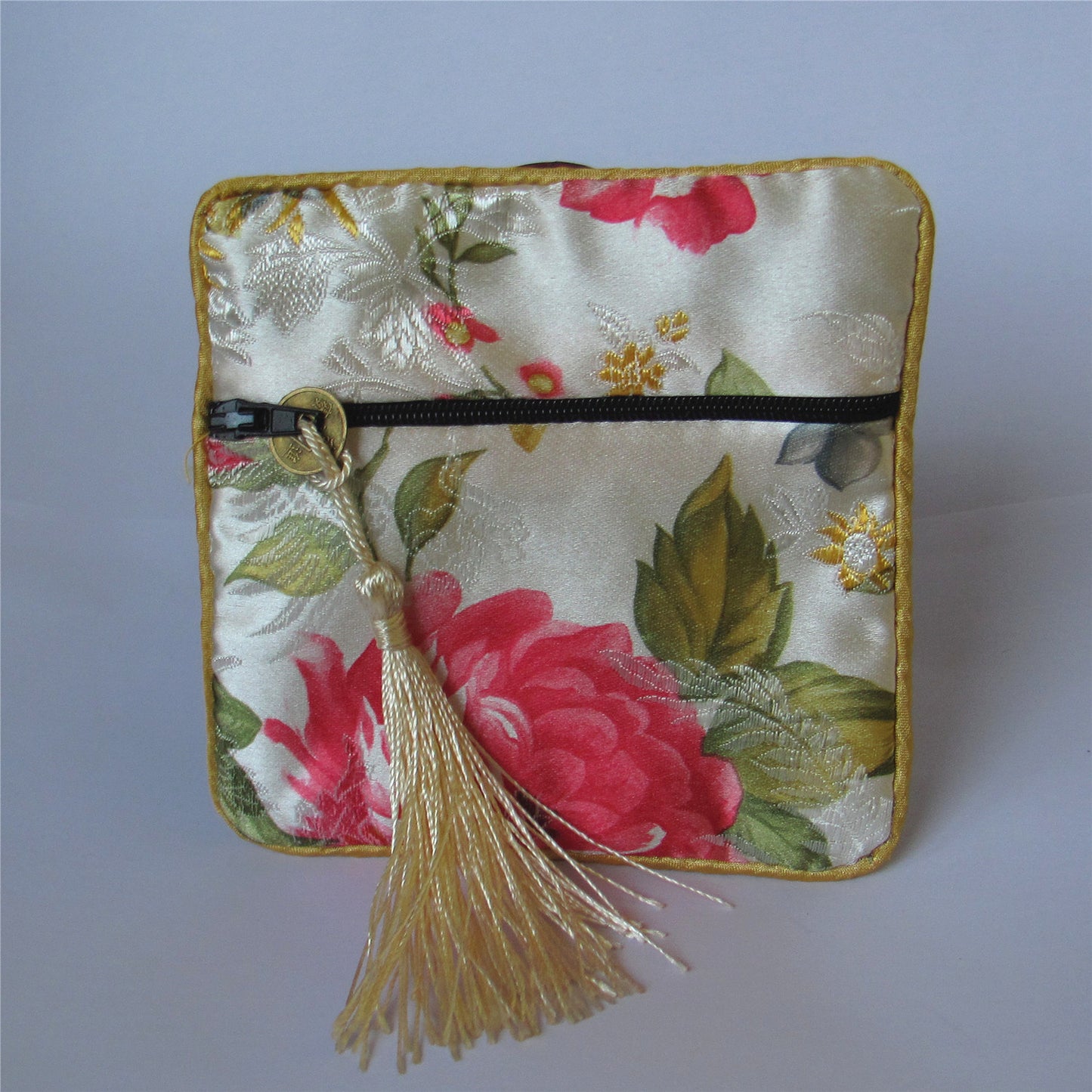 4x4" Colorful Floral Chinese Silk Pouch Pocket Money Coin Bag with Zip Grab Bag Rosary Bead Traditional Packaging Bags for Jewelry Gift