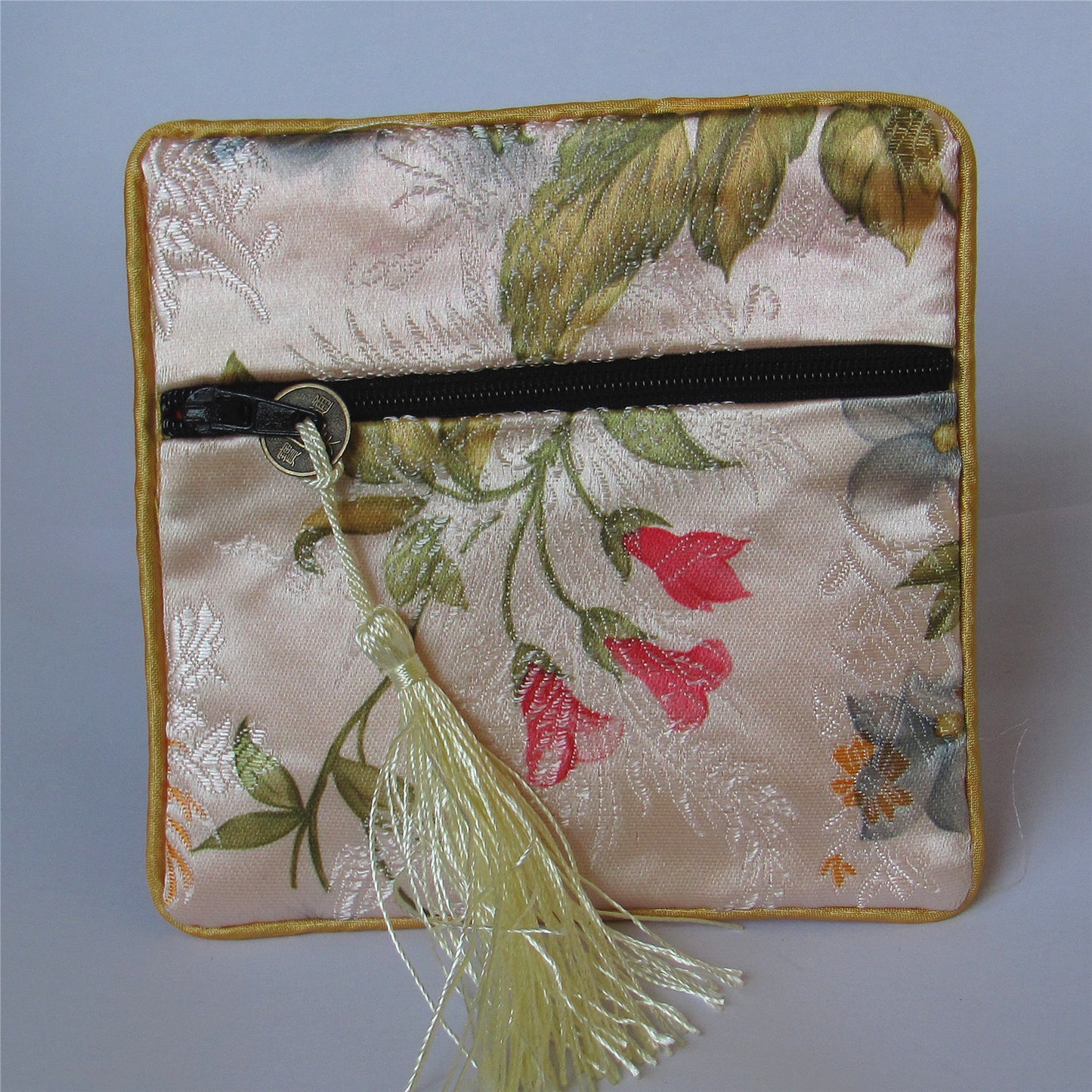 4x4" Colorful Floral Chinese Silk Pouch Pocket Money Coin Bag with Zip Grab Bag Rosary Bead Traditional Packaging Bags for Jewelry Gift