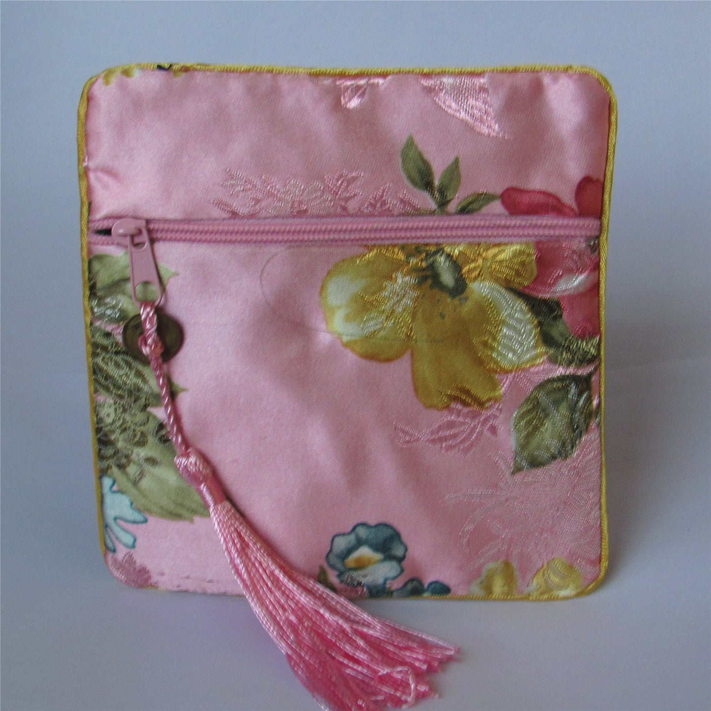 4x4" Colorful Floral Chinese Silk Pouch Pocket Money Coin Bag with Zip Grab Bag Rosary Bead Traditional Packaging Bags for Jewelry Gift