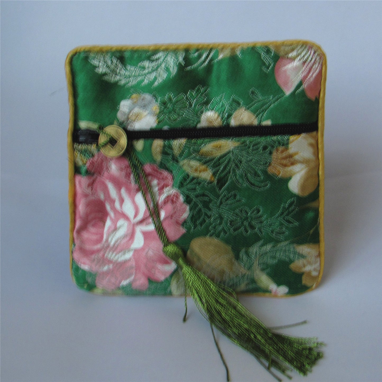 4x4" Colorful Floral Chinese Silk Pouch Pocket Money Coin Bag with Zip Grab Bag Rosary Bead Traditional Packaging Bags for Jewelry Gift