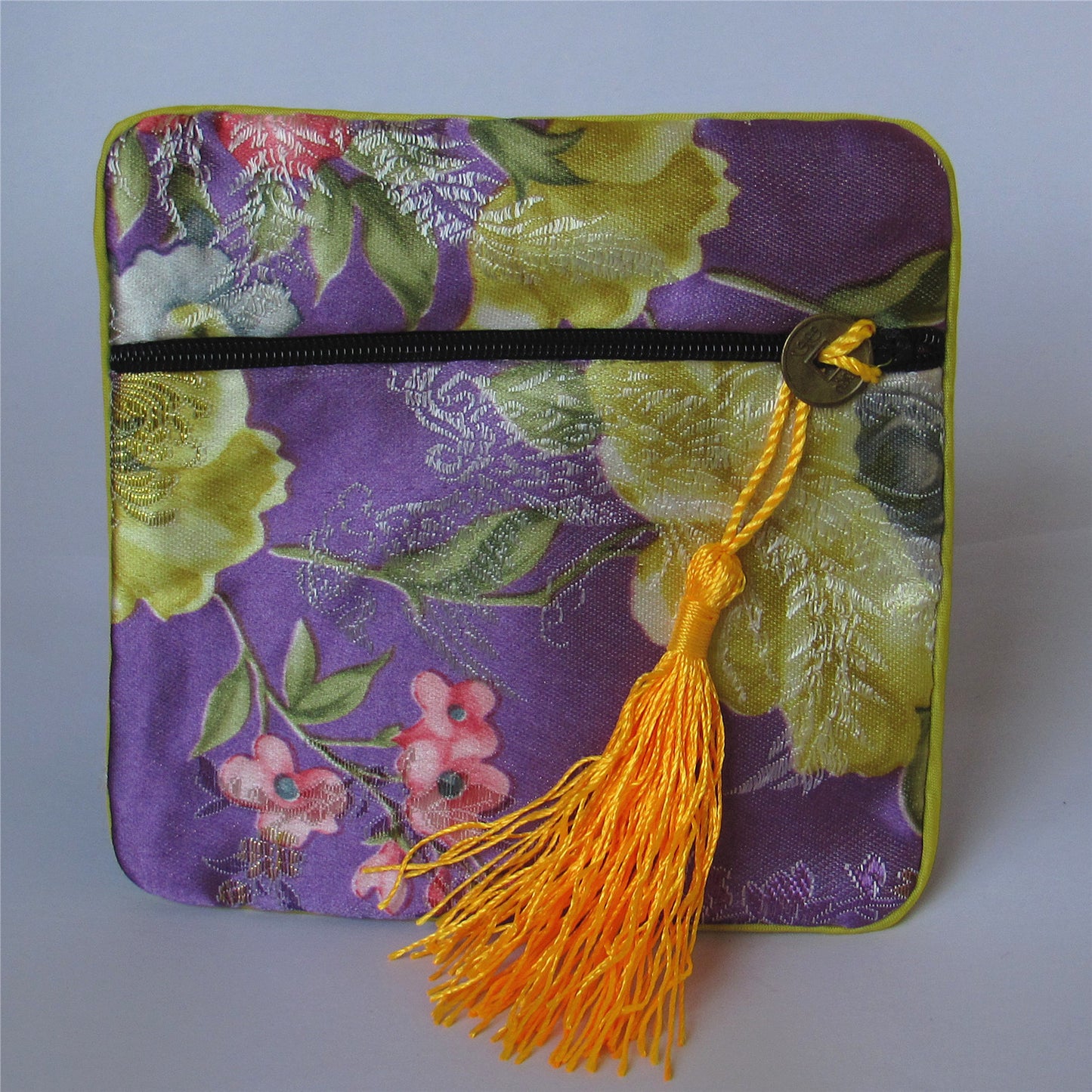 4x4" Colorful Floral Chinese Silk Pouch Pocket Money Coin Bag with Zip Grab Bag Rosary Bead Traditional Packaging Bags for Jewelry Gift