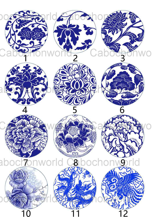 Collection de cabochons à motif en porcelaine bleue et blanche CW0304