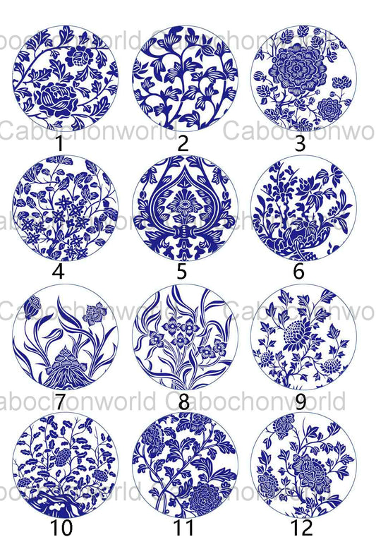 Collection de cabochons à motif en porcelaine bleue et blanche CW0305